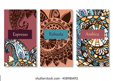 Boho pattern for coffee package, cards, invitations. Unusual coffee decoration in romantic style