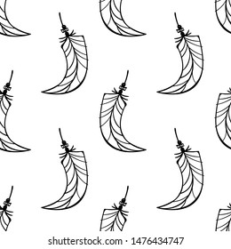 boho pattern curly feather jewelry seamless ornament , leaf feathers shape , black isolated on white , hand drawn vector illustration wallpaper background for print textile 