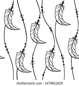 boho pattern curve feather jewelry seamless ornament , wave striped lines with feathers shape , black isolated on white , hand drawn vector illustration wallpaper background for print textile 
