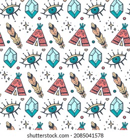Boho pattern design. Ethnic mystic spiritual style wallpaper. Magic, esoteric, tribal outline boho pattern. Catcher texture. Spiritual decoration. Sacred boho fabric fashion decor. Vector illustration