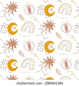 Boho Muster Design. Ethnische mystische spirituelle Tapete. Magisches, esoterisches, Stammes umrissenes Boho-Muster. Fangstruktur. Spirituelle Dekoration. Modedededekor mit Sacred Boho-Stoff. Vektorgrafik