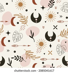 Boho pattern design. Ethnic mystic spiritual style wallpaper. Magic, esoteric, tribal outline boho pattern. Catcher texture. Spiritual decoration. Sacred boho fabric fashion decor. Vector illustration