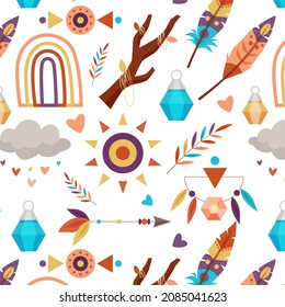 Boho pattern design. Ethnic mystic spiritual style wallpaper. Magic, esoteric, tribal outline boho pattern. Catcher texture. Spiritual decoration. Sacred boho fabric fashion decor. Vector illustration