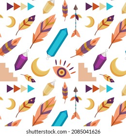 Boho pattern design. Ethnic mystic spiritual style wallpaper. Magic, esoteric, tribal outline boho pattern. Catcher texture. Spiritual decoration. Sacred boho fabric fashion decor. Vector illustration