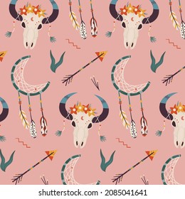 Boho Muster Design. Ethnische mystische spirituelle Tapete. Magisches, esoterisches, Stammes umrissenes Boho-Muster. Fangstruktur. Spirituelle Dekoration. Modedededekor mit Sacred Boho-Stoff. Vektorgrafik