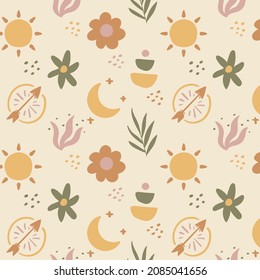 Diseño de patrones de Boho. Papel de la pared de estilo espiritual místico étnico. Patrón de boho mágico, esotérico y tribal. Textura de Catcher. Decoración espiritual. Decoración de la moda en tela de boho sagrada. Ilustración del vector