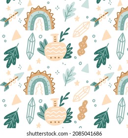 Boho Muster Design. Ethnische mystische spirituelle Tapete. Magisches, esoterisches, Stammes umrissenes Boho-Muster. Fangstruktur. Spirituelle Dekoration. Modedededekor mit Sacred Boho-Stoff. Vektorgrafik