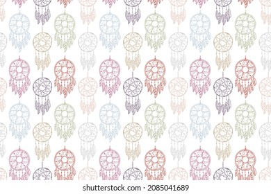 Boho pattern design. Ethnic mystic spiritual style wallpaper. Magic, esoteric, tribal outline boho pattern. Catcher texture. Spiritual decoration. Sacred boho fabric fashion decor. Vector illustration