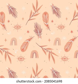 Boho pattern design. Ethnic mystic spiritual style wallpaper. Magic, esoteric, tribal outline boho pattern. Catcher texture. Spiritual decoration. Sacred boho fabric fashion decor. Vector illustration