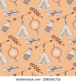 Boho Muster Design. Ethnische mystische spirituelle Tapete. Magisches, esoterisches, Stammes umrissenes Boho-Muster. Fangstruktur. Spirituelle Dekoration. Modedededekor mit Sacred Boho-Stoff. Vektorgrafik