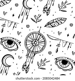 Boho pattern design. Ethnic mystic spiritual style wallpaper. Magic, esoteric, tribal outline boho pattern. Catcher texture. Spiritual decoration. Sacred boho fabric fashion decor. Vector illustration