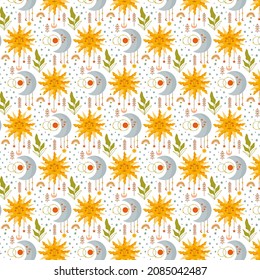 Boho Muster Design. Ethnische mystische spirituelle Tapete. Magisches, esoterisches, Stammes umrissenes Boho-Muster. Fangstruktur. Spirituelle Dekoration. Modedededekor mit Sacred Boho-Stoff. Vektorgrafik