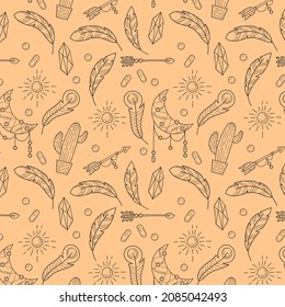 Boho pattern design. Ethnic mystic spiritual style wallpaper. Magic, esoteric, tribal outline boho pattern. Catcher texture. Spiritual decoration. Sacred boho fabric fashion decor. Vector illustration