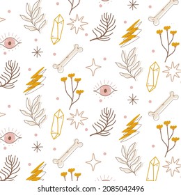 Boho pattern design. Ethnic mystic spiritual style wallpaper. Magic, esoteric, tribal outline boho pattern. Catcher texture. Spiritual decoration. Sacred boho fabric fashion decor. Vector illustration