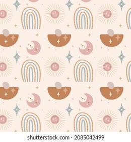 Diseño de patrones de Boho. Papel de la pared de estilo espiritual místico étnico. Patrón de boho mágico, esotérico y tribal. Textura de Catcher. Decoración espiritual. Decoración de la moda en tela de boho sagrada. Ilustración del vector
