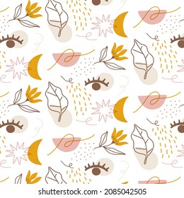 Boho pattern design. Ethnic mystic spiritual style wallpaper. Magic, esoteric, tribal outline boho pattern. Catcher texture. Spiritual decoration. Sacred boho fabric fashion decor. Vector illustration