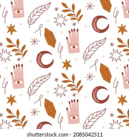 Boho Muster Design. Ethnische mystische spirituelle Tapete. Magisches, esoterisches, Stammes umrissenes Boho-Muster. Fangstruktur. Spirituelle Dekoration. Modedededekor mit Sacred Boho-Stoff. Vektorgrafik