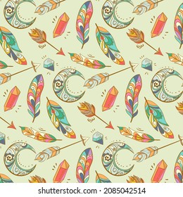 Boho pattern design. Ethnic mystic spiritual style wallpaper. Magic, esoteric, tribal outline boho pattern. Catcher texture. Spiritual decoration. Sacred boho fabric fashion decor. Vector illustration