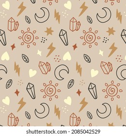 Diseño de patrones de Boho. Papel de la pared de estilo espiritual místico étnico. Patrón de boho mágico, esotérico y tribal. Textura de Catcher. Decoración espiritual. Decoración de la moda en tela de boho sagrada. Ilustración del vector