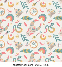 Boho pattern design. Ethnic mystic spiritual style wallpaper. Magic, esoteric, tribal outline boho pattern. Catcher texture. Spiritual decoration. Sacred boho fabric fashion decor. Vector illustration