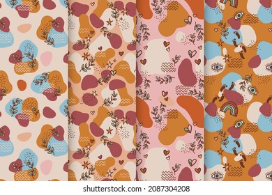 Diseño de patrones de Boho. Papel de la pared de estilo espiritual místico étnico. Patrón de boho mágico, esotérico y tribal. Textura de Catcher. Decoración espiritual. Decoración de la moda en tela de boho sagrada. Ilustración del vector