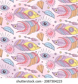 Boho Muster Design. Ethnische mystische spirituelle Tapete. Magisches, esoterisches, Stammes umrissenes Boho-Muster. Fangstruktur. Spirituelle Dekoration. Modedededekor mit Sacred Boho-Stoff. Vektorgrafik