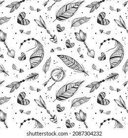 Boho pattern design. Ethnic mystic spiritual style wallpaper. Magic, esoteric, tribal outline boho pattern. Catcher texture. Spiritual decoration. Sacred boho fabric fashion decor. Vector illustration