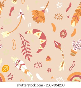 Boho pattern design. Ethnic mystic spiritual style wallpaper. Magic, esoteric, tribal outline boho pattern. Catcher texture. Spiritual decoration. Sacred boho fabric fashion decor. Vector illustration