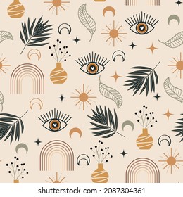 Boho pattern design. Ethnic mystic spiritual style wallpaper. Magic, esoteric, tribal outline boho pattern. Catcher texture. Spiritual decoration. Sacred boho fabric fashion decor. Vector illustration