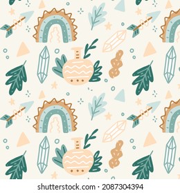 Boho Muster Design. Ethnische mystische spirituelle Tapete. Magisches, esoterisches, Stammes umrissenes Boho-Muster. Fangstruktur. Spirituelle Dekoration. Modedededekor mit Sacred Boho-Stoff. Vektorgrafik