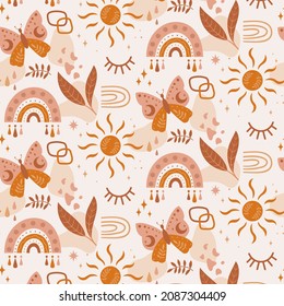 Boho pattern design. Ethnic mystic spiritual style wallpaper. Magic, esoteric, tribal outline boho pattern. Catcher texture. Spiritual decoration. Sacred boho fabric fashion decor. Vector illustration