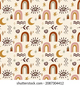 Boho Muster Design. Ethnische mystische spirituelle Tapete. Magisches, esoterisches, Stammes umrissenes Boho-Muster. Fangstruktur. Spirituelle Dekoration. Modedededekor mit Sacred Boho-Stoff. Vektorgrafik