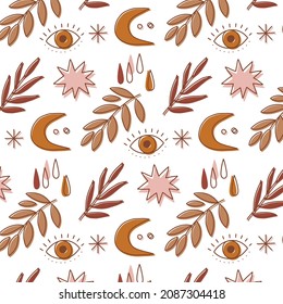 Boho pattern design. Ethnic mystic spiritual style wallpaper. Magic, esoteric, tribal outline boho pattern. Catcher texture. Spiritual decoration. Sacred boho fabric fashion decor. Vector illustration