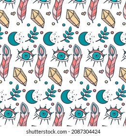 Boho pattern design. Ethnic mystic spiritual style wallpaper. Magic, esoteric, tribal outline boho pattern. Catcher texture. Spiritual decoration. Sacred boho fabric fashion decor. Vector illustration