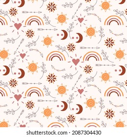Boho pattern design. Ethnic mystic spiritual style wallpaper. Magic, esoteric, tribal outline boho pattern. Catcher texture. Spiritual decoration. Sacred boho fabric fashion decor. Vector illustration