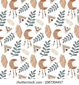 Boho pattern design. Ethnic mystic spiritual style wallpaper. Magic, esoteric, tribal outline boho pattern. Catcher texture. Spiritual decoration. Sacred boho fabric fashion decor. Vector illustration
