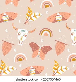 Boho pattern design. Ethnic mystic spiritual style wallpaper. Magic, esoteric, tribal outline boho pattern. Catcher texture. Spiritual decoration. Sacred boho fabric fashion decor. Vector illustration