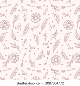 Boho Muster Design. Ethnische mystische spirituelle Tapete. Magisches, esoterisches, Stammes umrissenes Boho-Muster. Fangstruktur. Spirituelle Dekoration. Modedededekor mit Sacred Boho-Stoff. Vektorgrafik