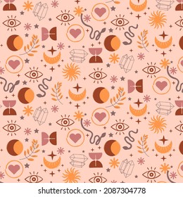 Boho pattern design. Ethnic mystic spiritual style wallpaper. Magic, esoteric, tribal outline boho pattern. Catcher texture. Spiritual decoration. Sacred boho fabric fashion decor. Vector illustration