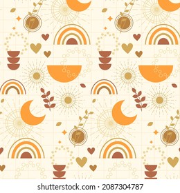 Boho pattern design. Ethnic mystic spiritual style wallpaper. Magic, esoteric, tribal outline boho pattern. Catcher texture. Spiritual decoration. Sacred boho fabric fashion decor. Vector illustration