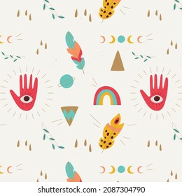 Boho Muster Design. Ethnische mystische spirituelle Tapete. Magisches, esoterisches, Stammes umrissenes Boho-Muster. Fangstruktur. Spirituelle Dekoration. Modedededekor mit Sacred Boho-Stoff. Vektorgrafik