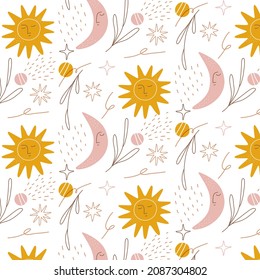 Boho Muster Design. Ethnische mystische spirituelle Tapete. Magisches, esoterisches, Stammes umrissenes Boho-Muster. Fangstruktur. Spirituelle Dekoration. Modedededekor mit Sacred Boho-Stoff. Vektorgrafik
