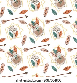 Boho pattern design. Ethnic mystic spiritual style wallpaper. Magic, esoteric, tribal outline boho pattern. Catcher texture. Spiritual decoration. Sacred boho fabric fashion decor. Vector illustration