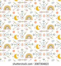 Boho pattern design. Ethnic mystic spiritual style wallpaper. Magic, esoteric, tribal outline boho pattern. Catcher texture. Spiritual decoration. Sacred boho fabric fashion decor. Vector illustration