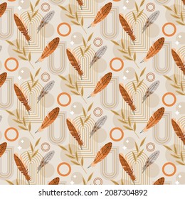 Boho pattern design. Ethnic mystic spiritual style wallpaper. Magic, esoteric, tribal outline boho pattern. Catcher texture. Spiritual decoration. Sacred boho fabric fashion decor. Vector illustration