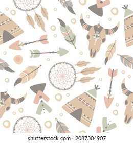 Boho pattern design. Ethnic mystic spiritual style wallpaper. Magic, esoteric, tribal outline boho pattern. Catcher texture. Spiritual decoration. Sacred boho fabric fashion decor. Vector illustration