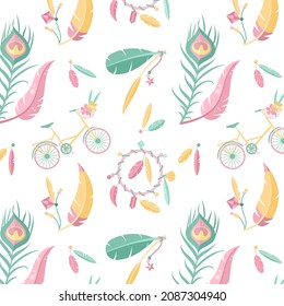 Boho pattern design. Ethnic mystic spiritual style wallpaper. Magic, esoteric, tribal outline boho pattern. Catcher texture. Spiritual decoration. Sacred boho fabric fashion decor. Vector illustration