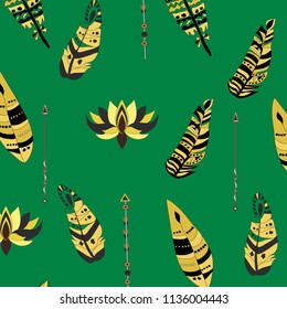 boho pattern: feathers, arrows, on a green background