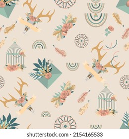 Boho pattern with feathers, dream catchers and rainbows. flat vector illustration.