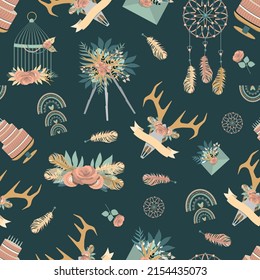 Boho pattern with feathers, dream catchers and rainbows. flat vector illustration.